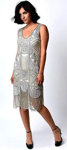 Special Order - Unique Vintage 1920s Style Silver Hand Beaded Fringe Bosley Flapper Dress