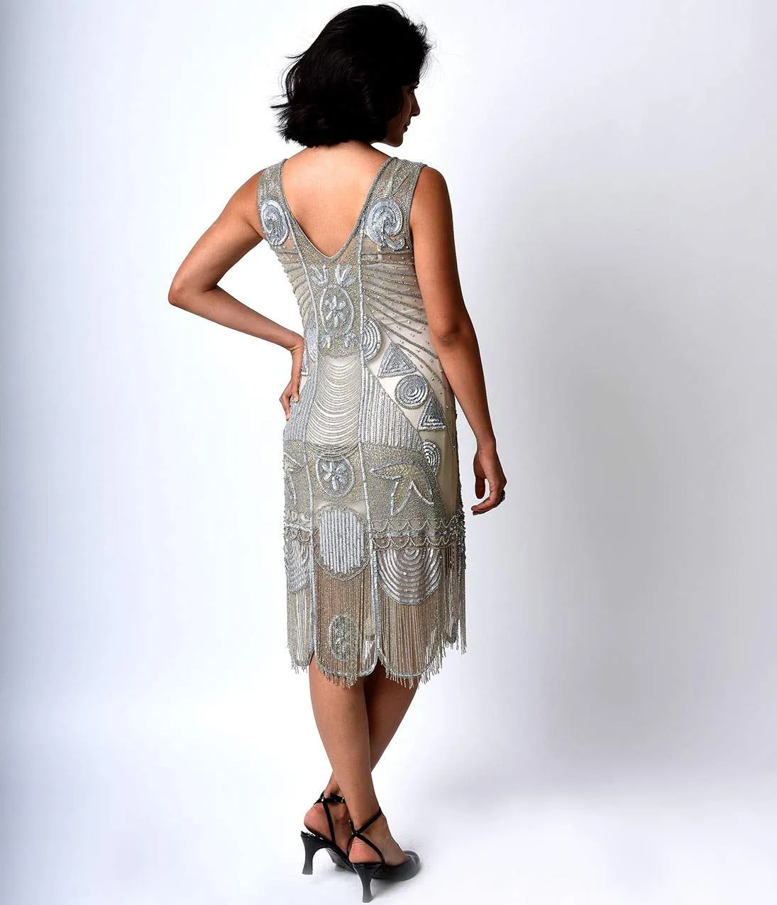 Special Order - Unique Vintage 1920s Style Silver Hand Beaded Fringe Bosley Flapper Dress