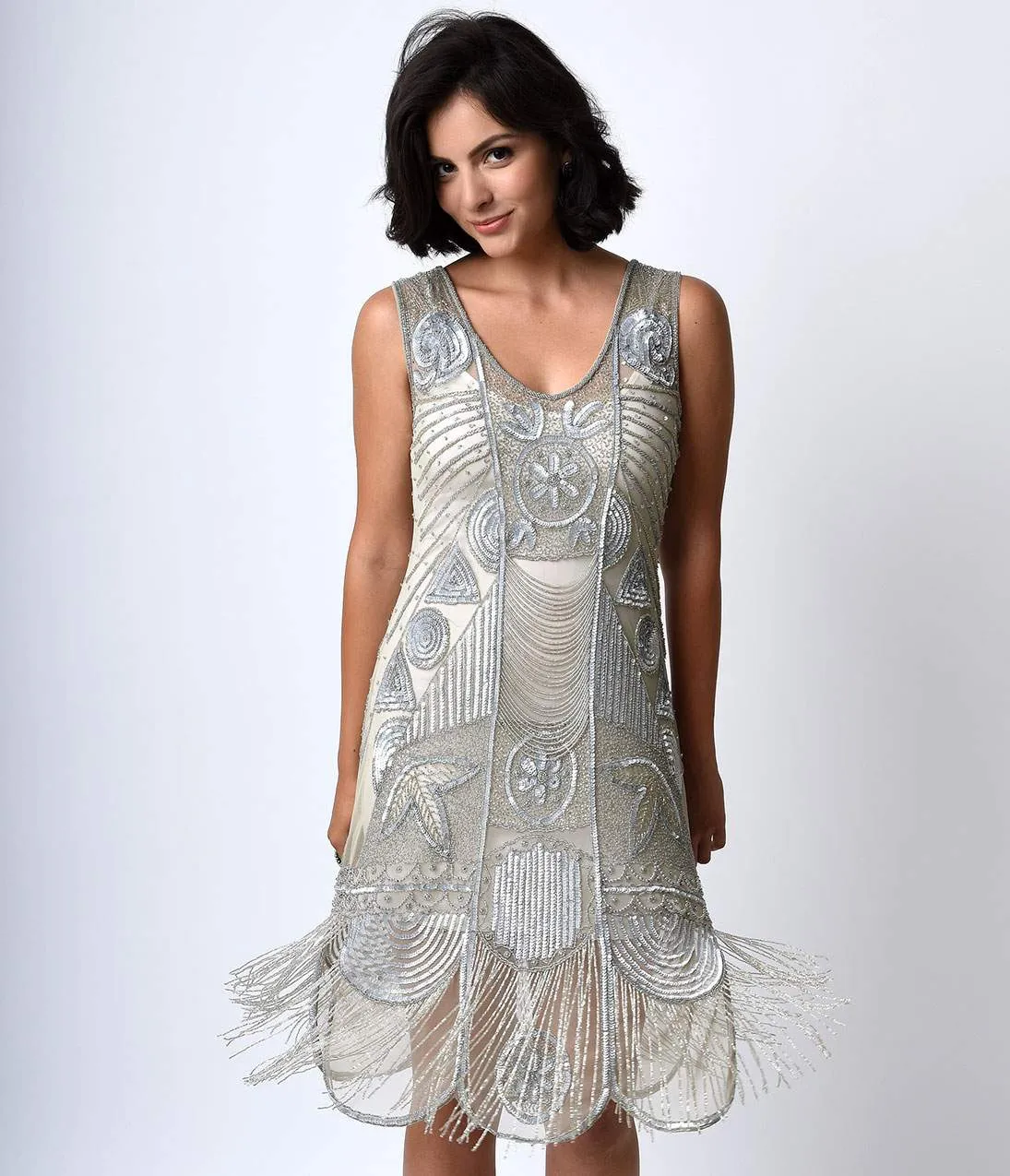 Special Order - Unique Vintage 1920s Style Silver Hand Beaded Fringe Bosley Flapper Dress