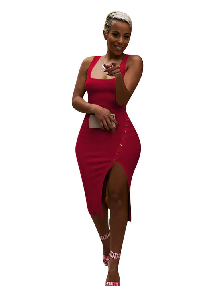 Square Neck Solid Color Sleeveless Club Mini Dresses