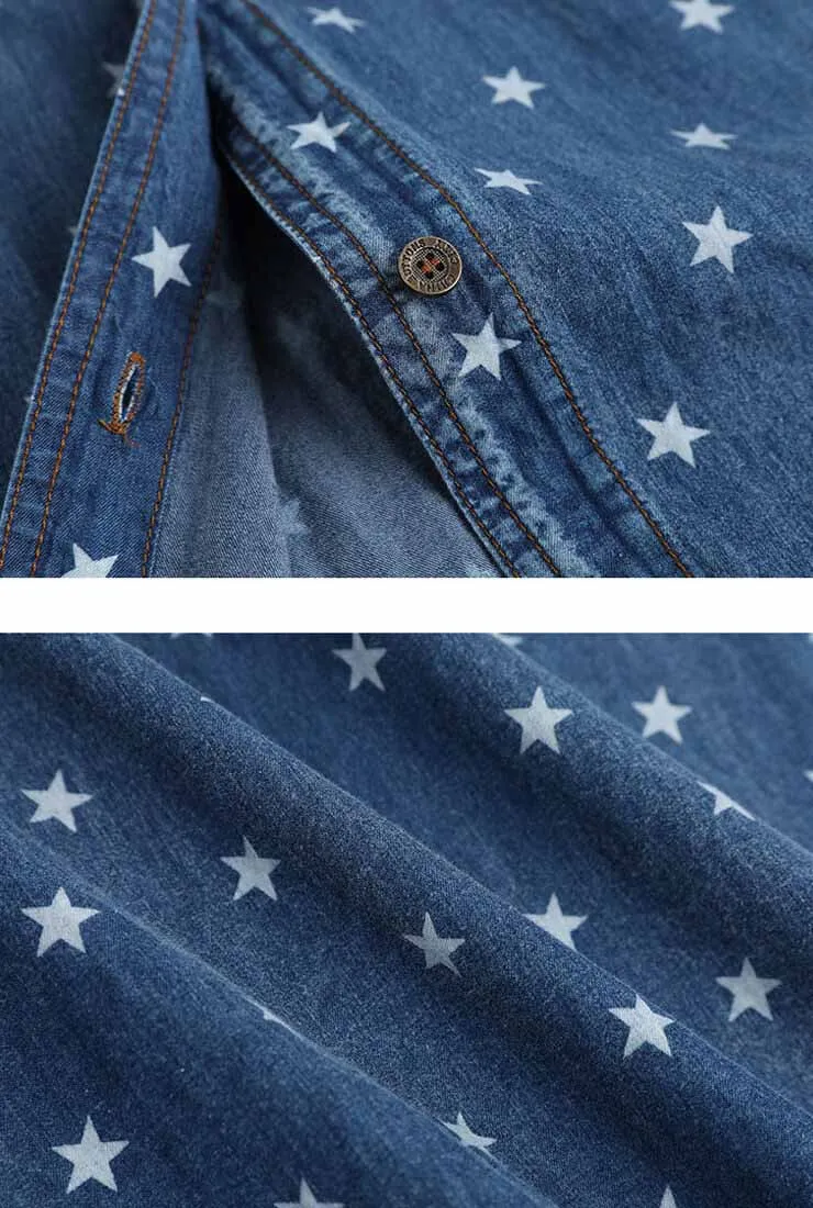 Star Printed Split Denim Midi Dress