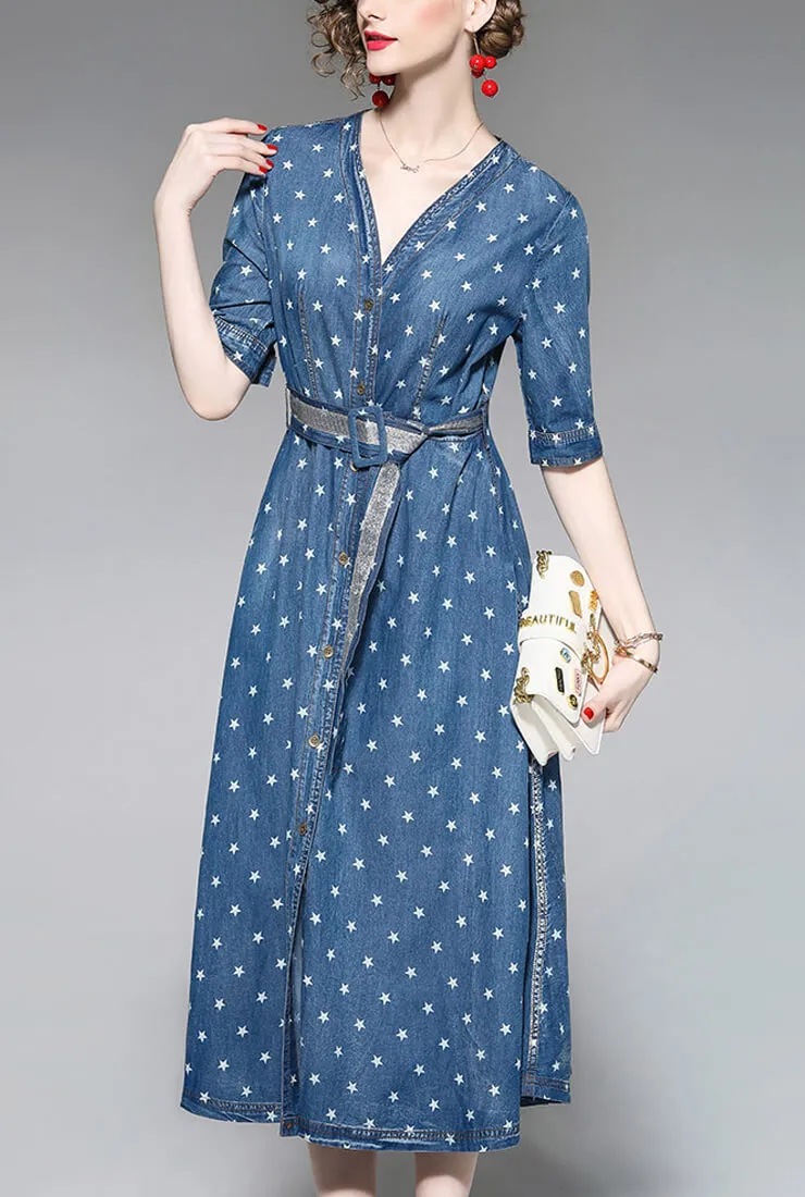 Star Printed Split Denim Midi Dress