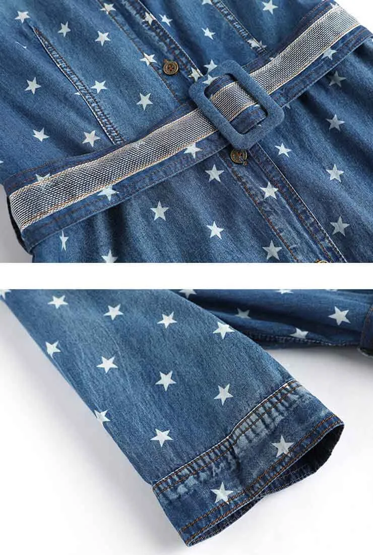 Star Printed Split Denim Midi Dress