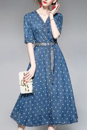 Star Printed Split Denim Midi Dress