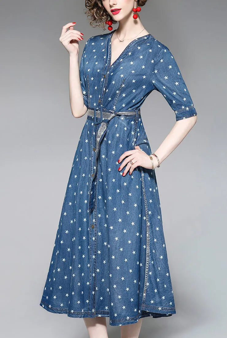 Star Printed Split Denim Midi Dress