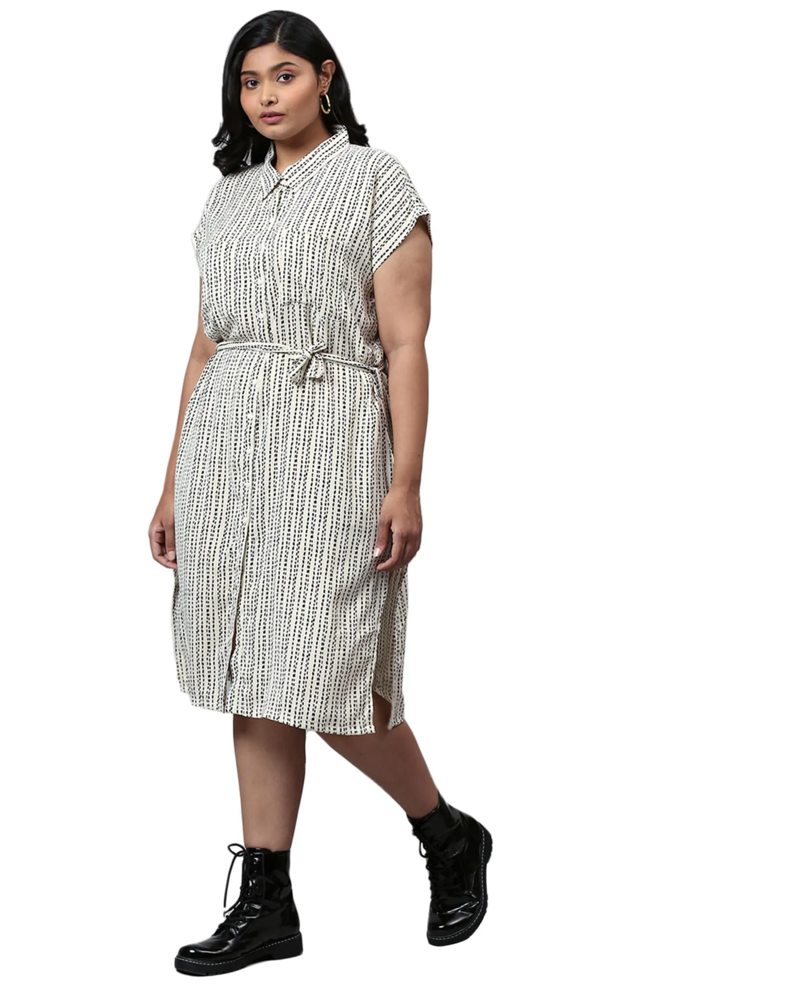 Striped Printed Front Button Dress | Cream