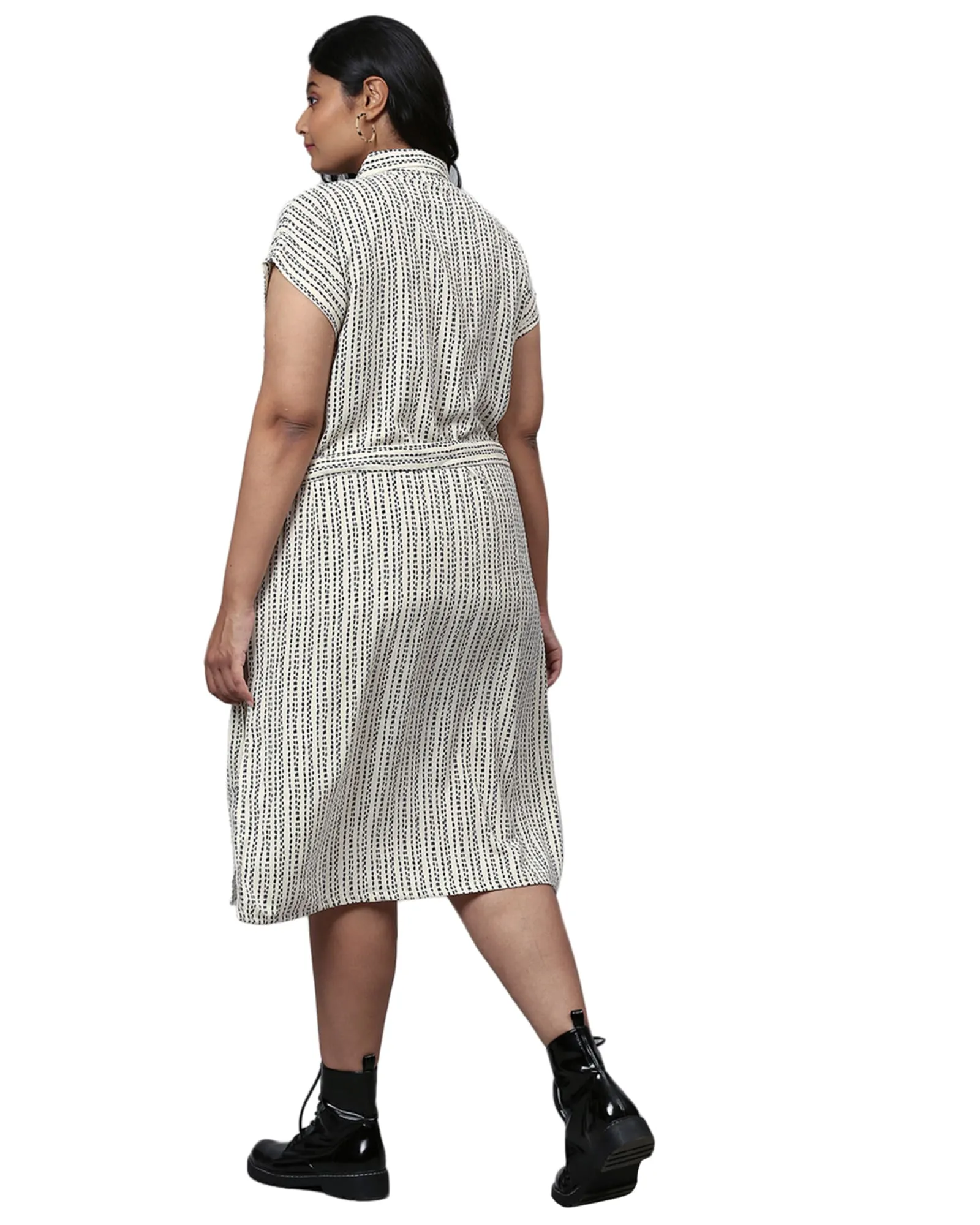 Striped Printed Front Button Dress | Cream
