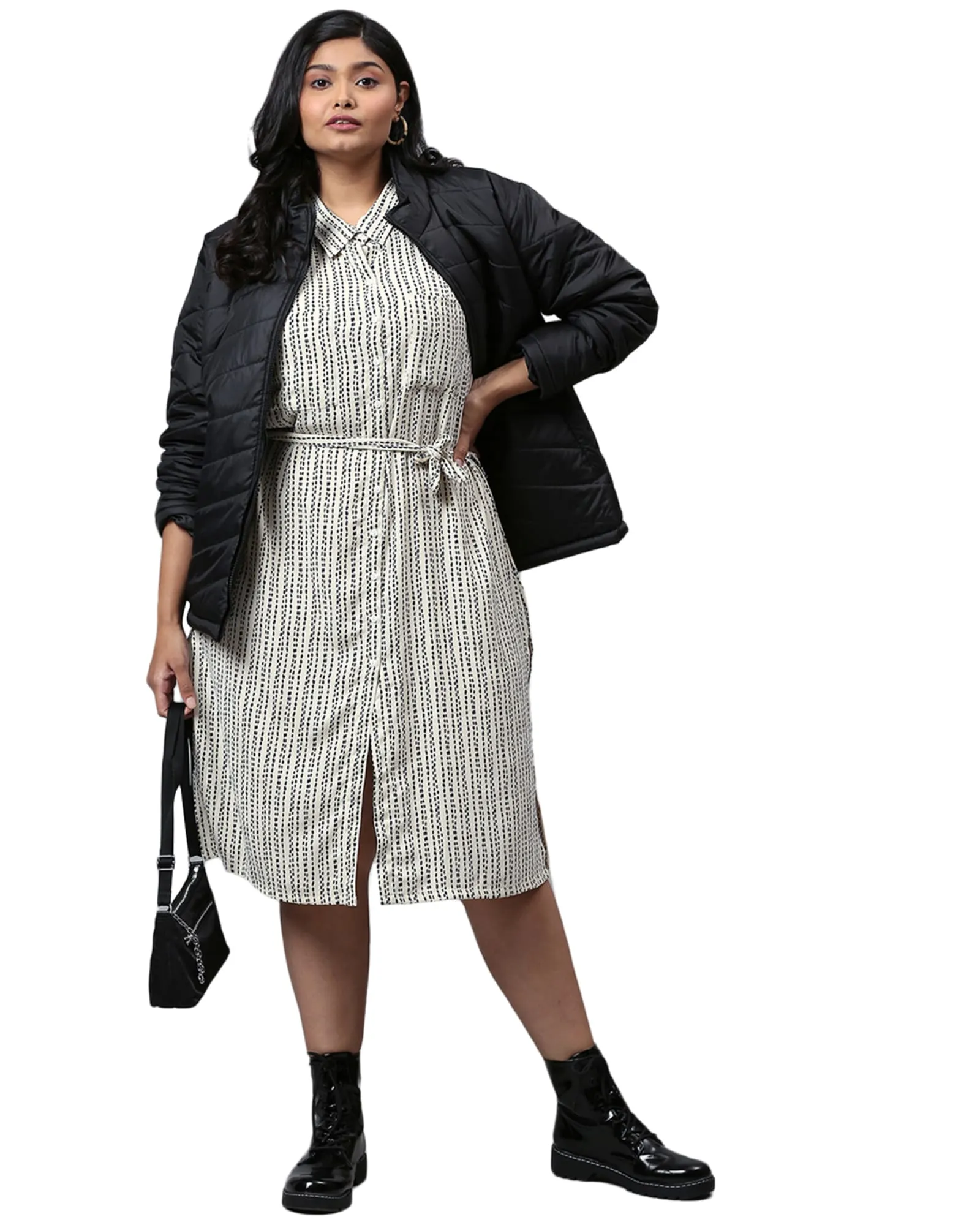 Striped Printed Front Button Dress | Cream