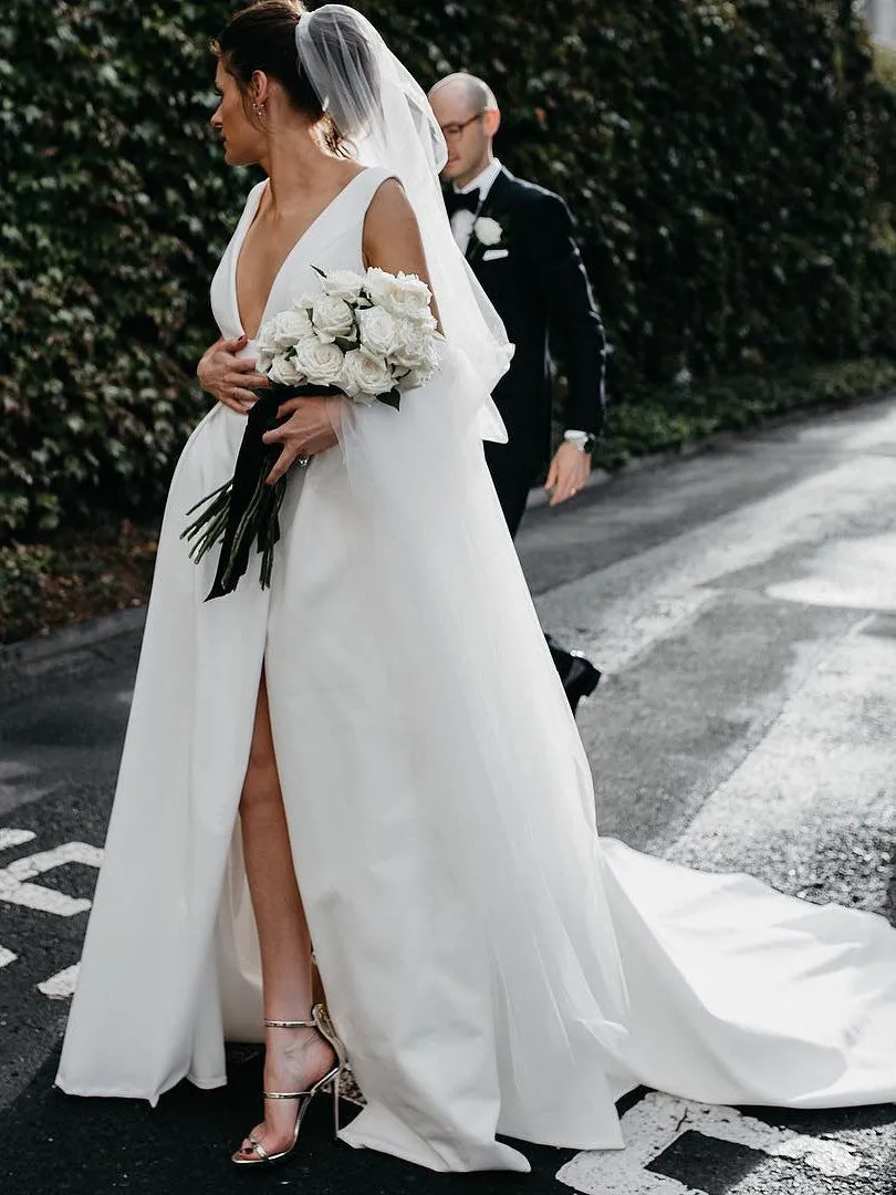 Stunning V-neck Satin Wedding Dresses A-line Bridal Gowns WD199