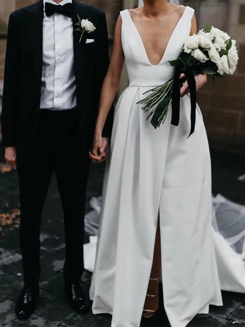 Stunning V-neck Satin Wedding Dresses A-line Bridal Gowns WD199