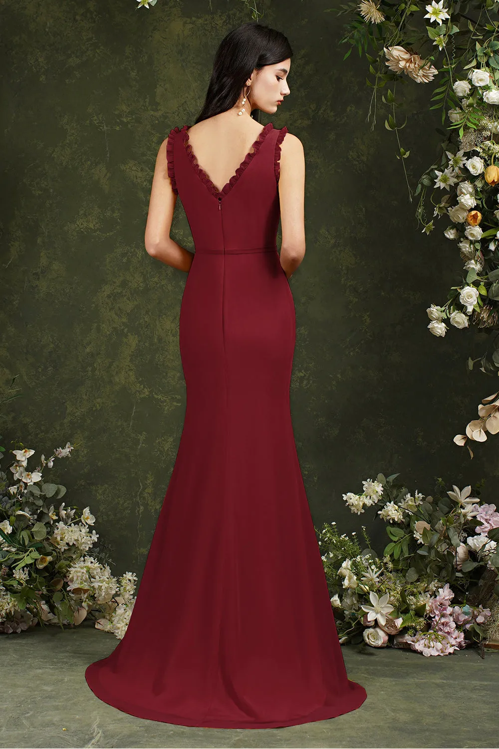 Stylish Long V-neck Backless Chiffon Bridesmaid Dress With Split