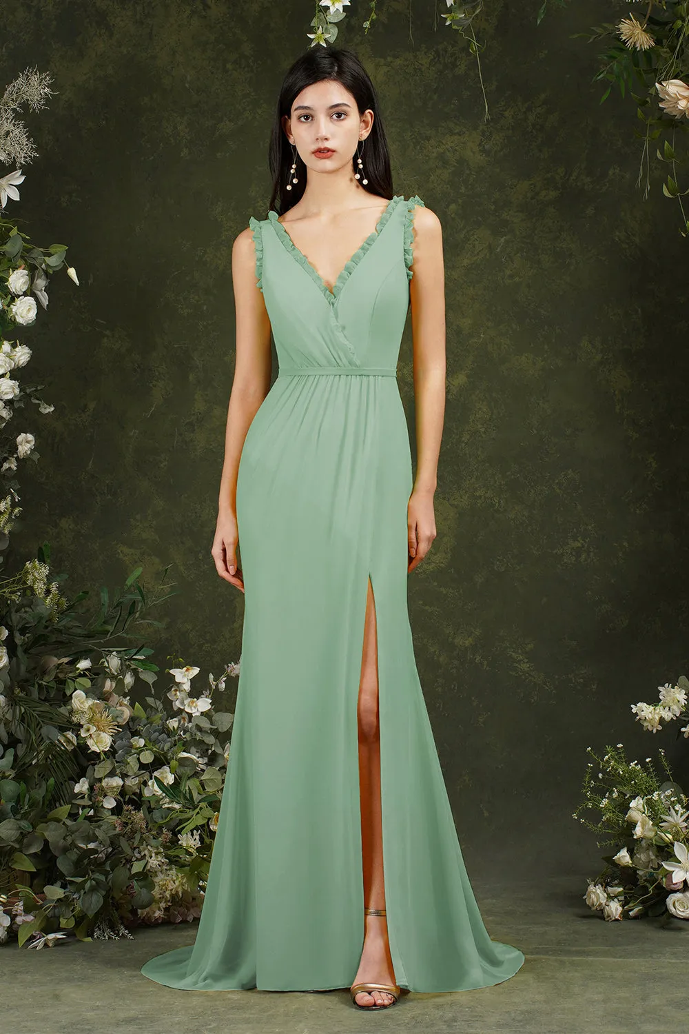 Stylish Long V-neck Backless Chiffon Bridesmaid Dress With Split