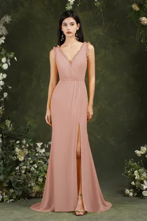 Stylish Long V-neck Backless Chiffon Bridesmaid Dress With Split