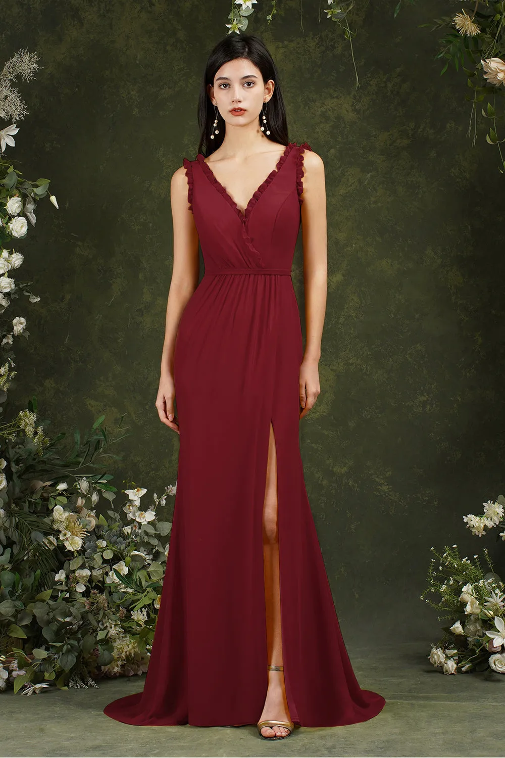 Stylish Long V-neck Backless Chiffon Bridesmaid Dress With Split