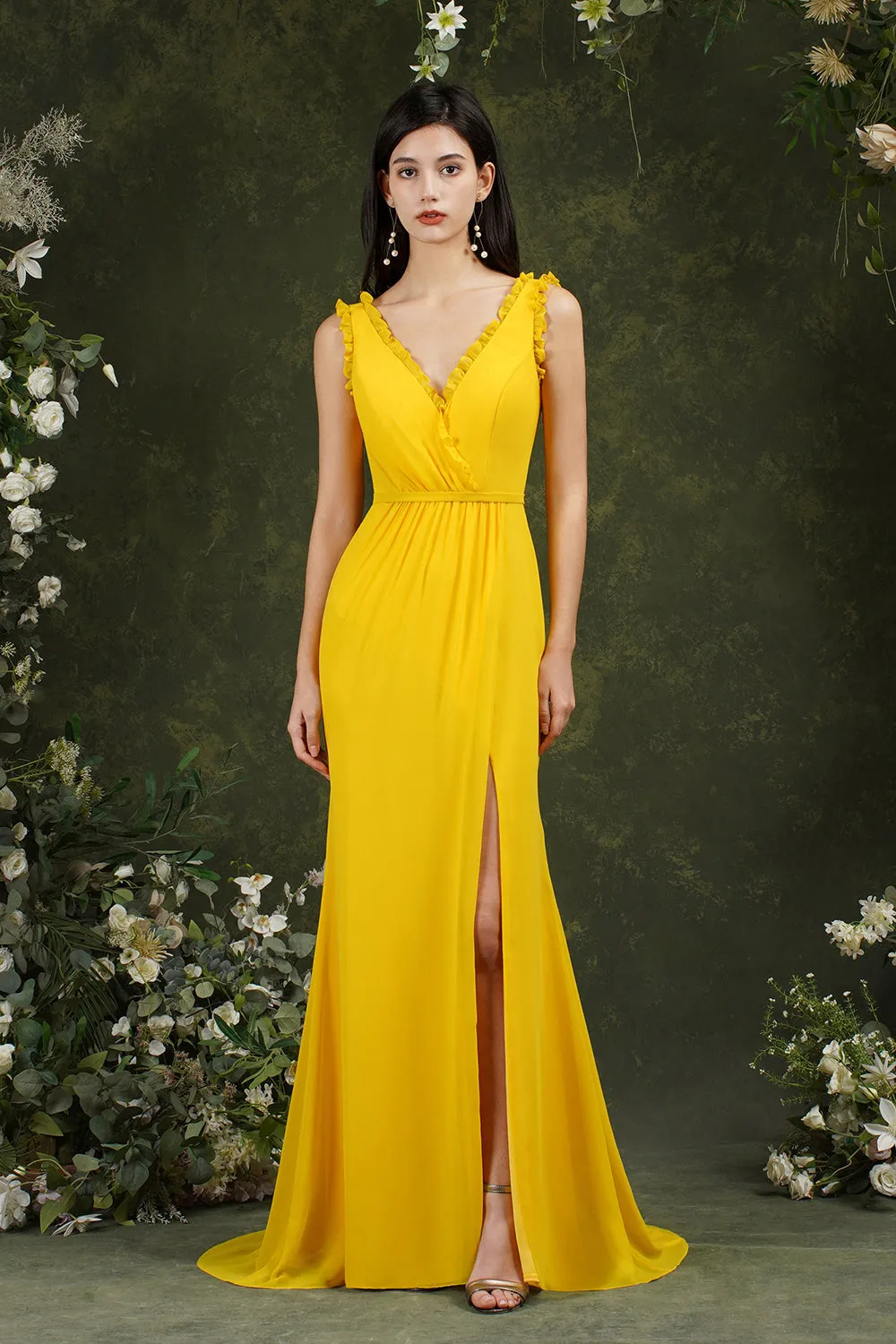 Stylish Long V-neck Backless Chiffon Bridesmaid Dress With Split