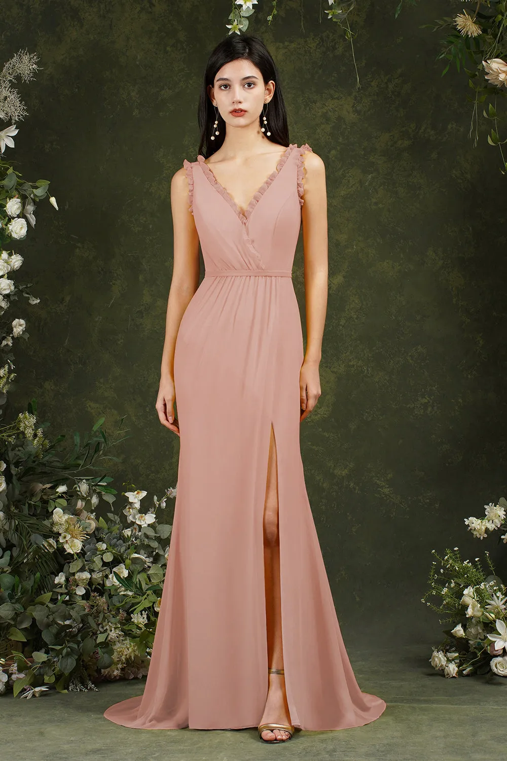 Stylish Long V-neck Backless Chiffon Bridesmaid Dress With Split
