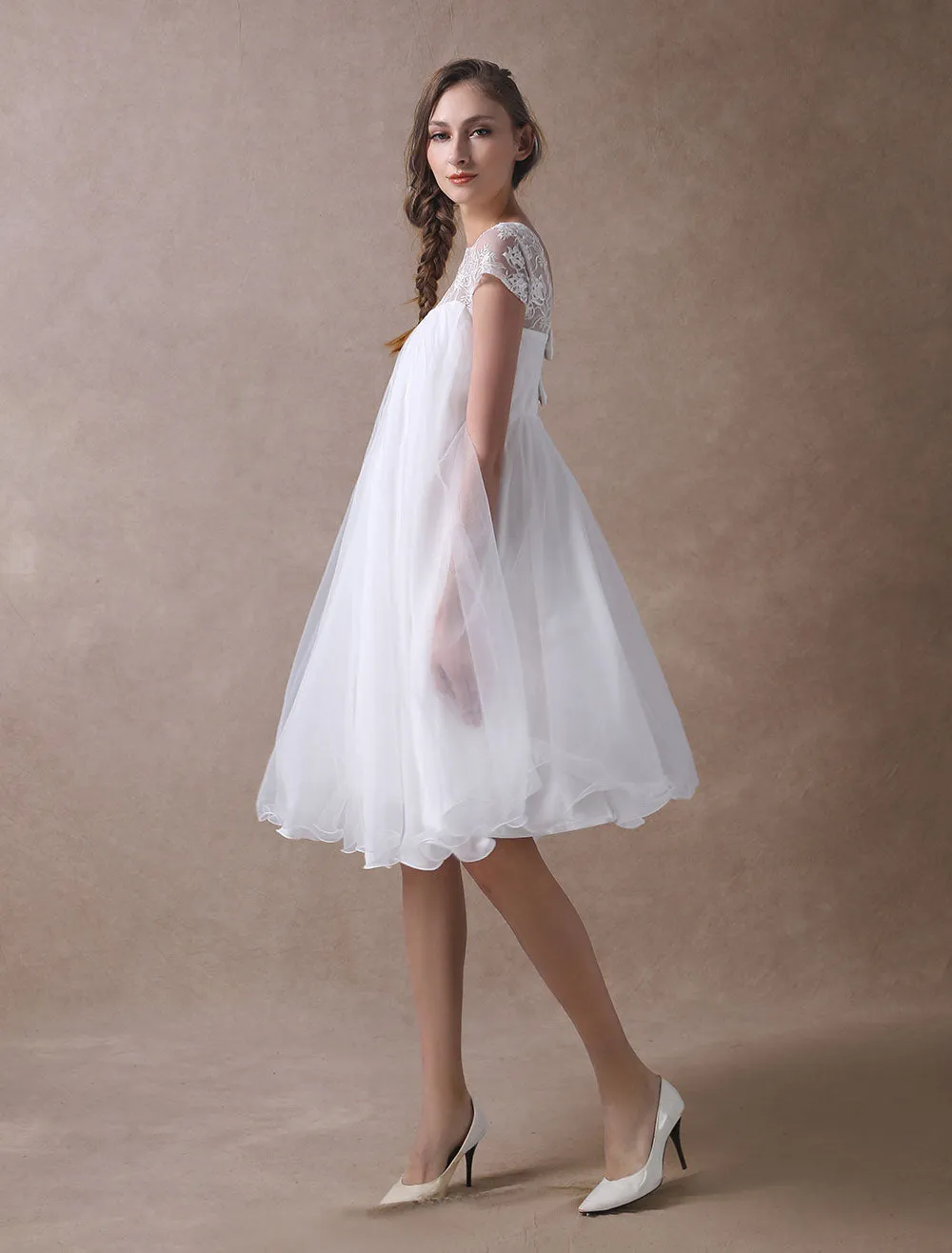 Sweet Short Sleeves Tulle Lace Knee-Length Bow Wedding Dresses