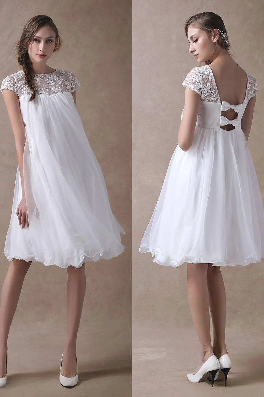 Sweet Short Sleeves Tulle Lace Knee-Length Bow Wedding Dresses
