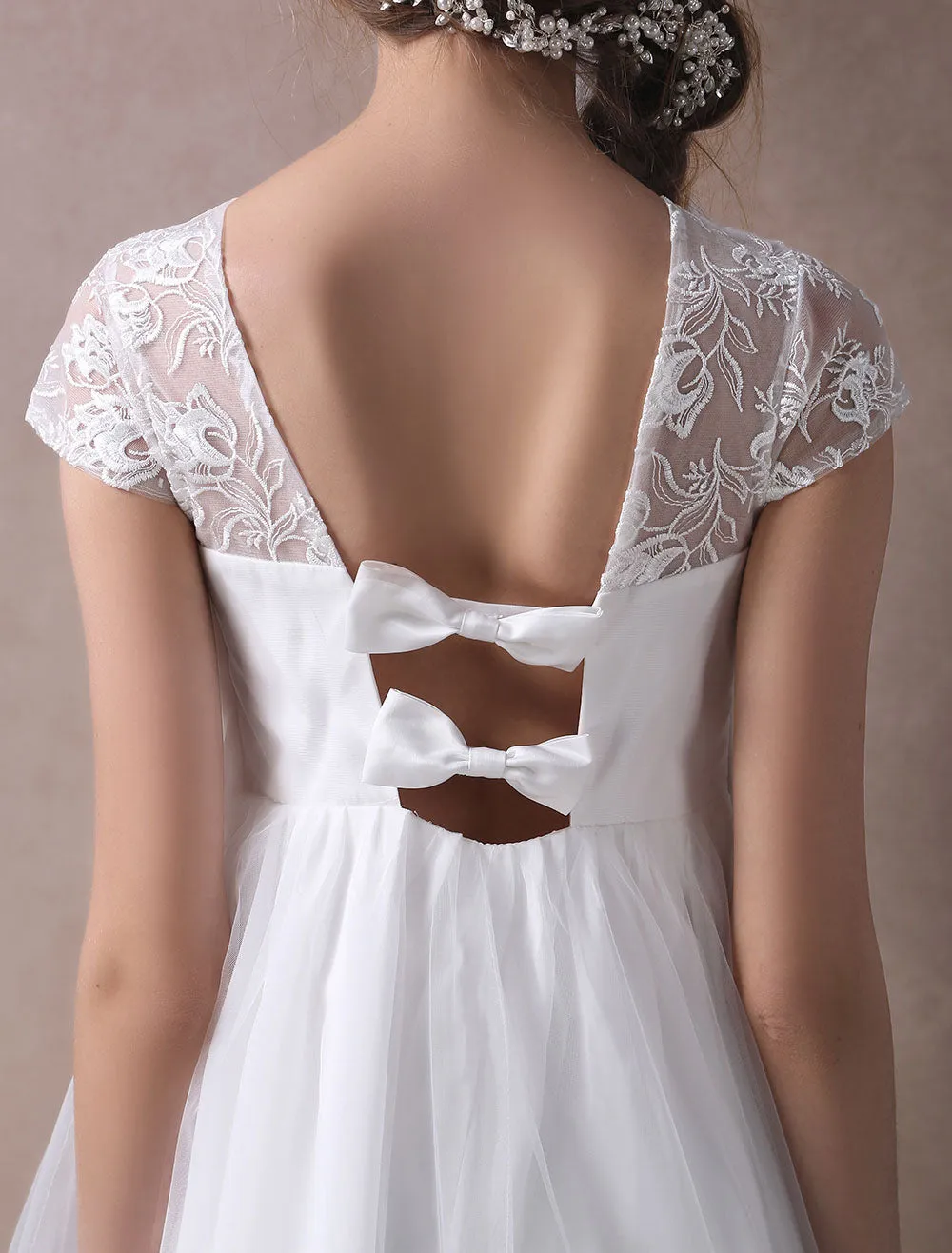 Sweet Short Sleeves Tulle Lace Knee-Length Bow Wedding Dresses