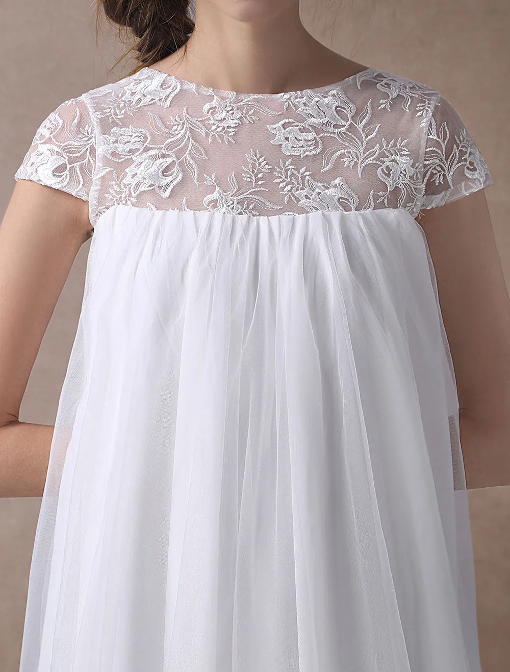Sweet Short Sleeves Tulle Lace Knee-Length Bow Wedding Dresses