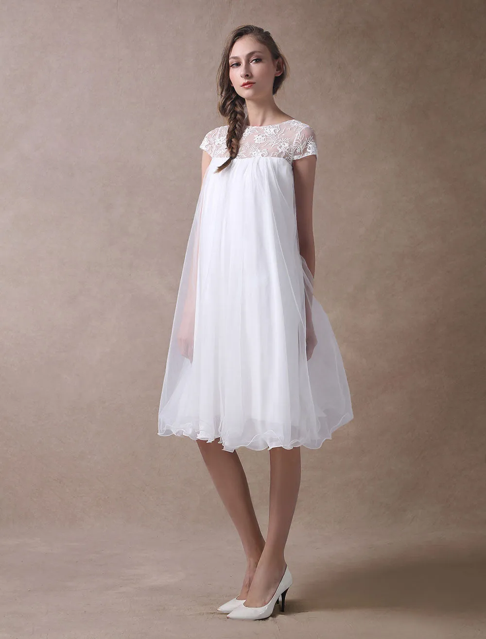 Sweet Short Sleeves Tulle Lace Knee-Length Bow Wedding Dresses