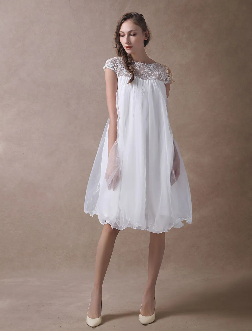 Sweet Short Sleeves Tulle Lace Knee-Length Bow Wedding Dresses