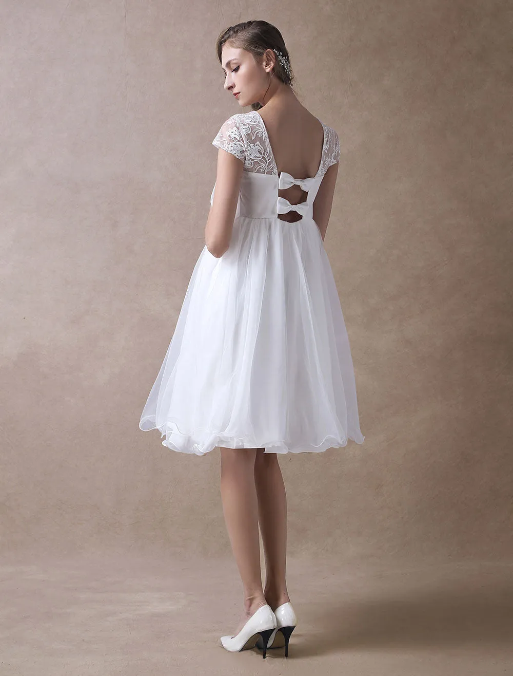 Sweet Short Sleeves Tulle Lace Knee-Length Bow Wedding Dresses