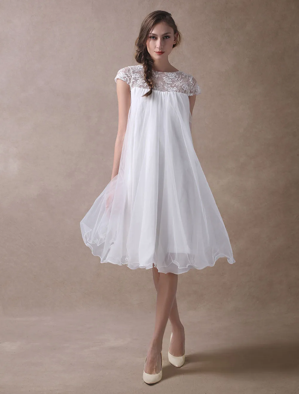 Sweet Short Sleeves Tulle Lace Knee-Length Bow Wedding Dresses