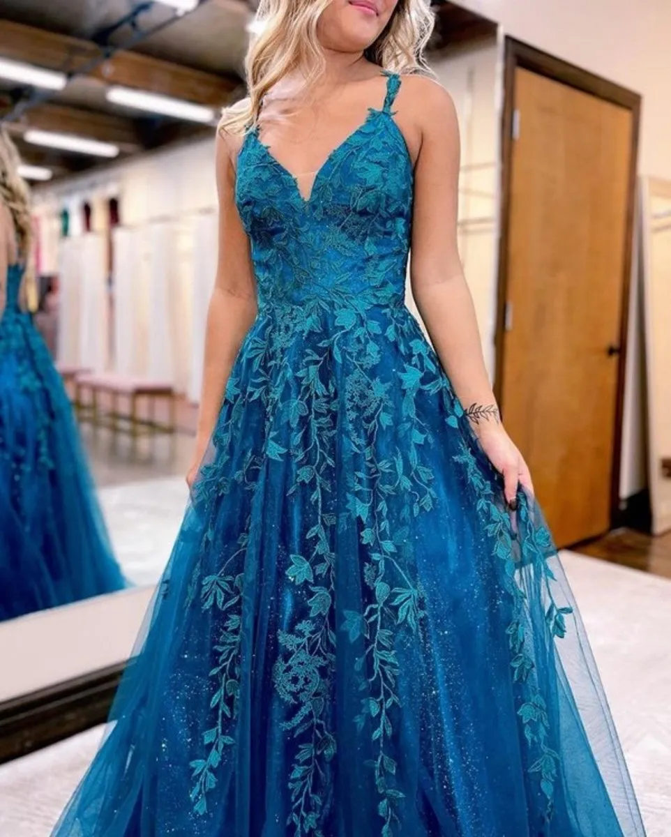 Veronica |A Line Ink Blue Glitter Tulle Lace Prom Dress