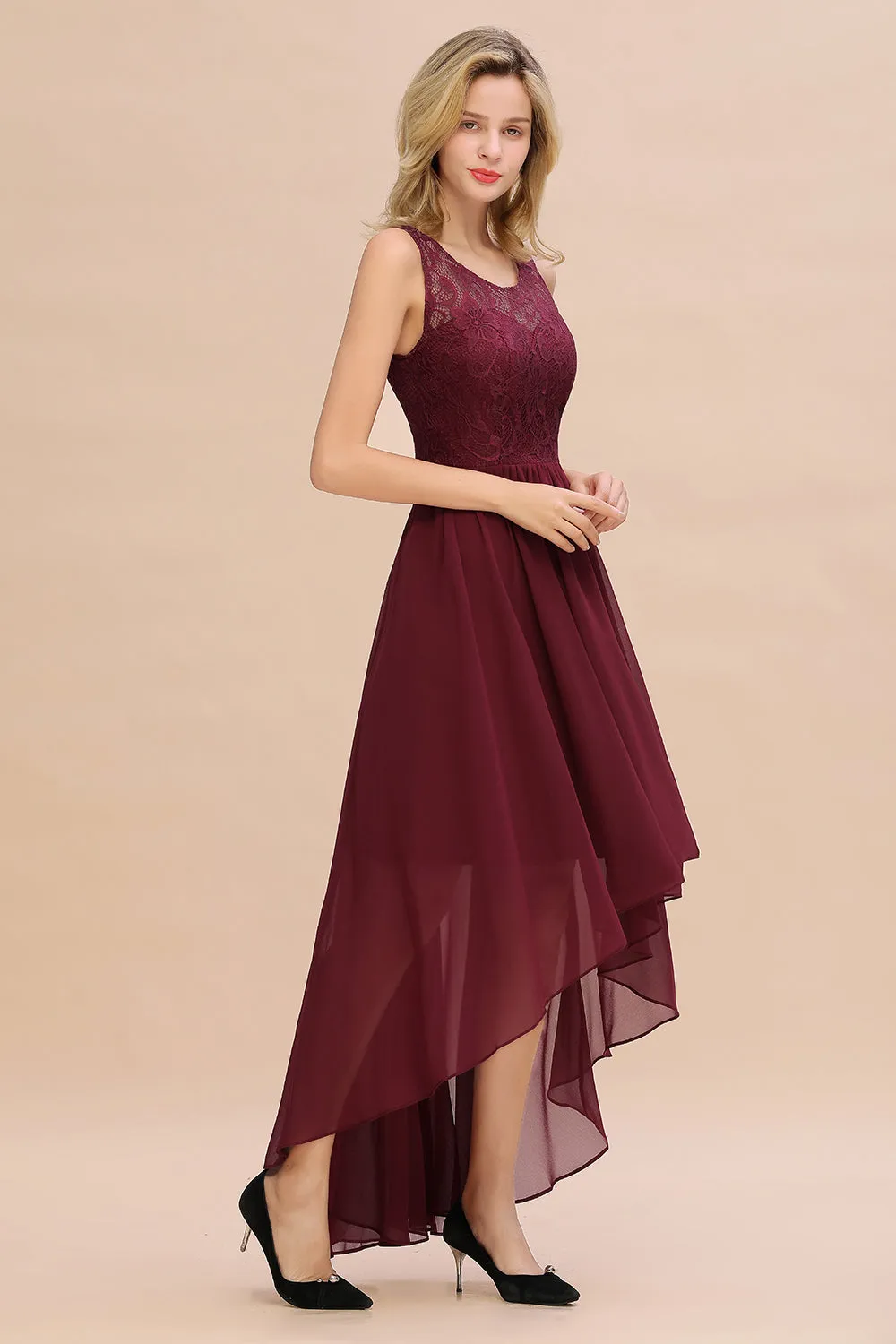 Vintage High Low A-line Bateau Appliques Chiffon Bridesmaid Dresses