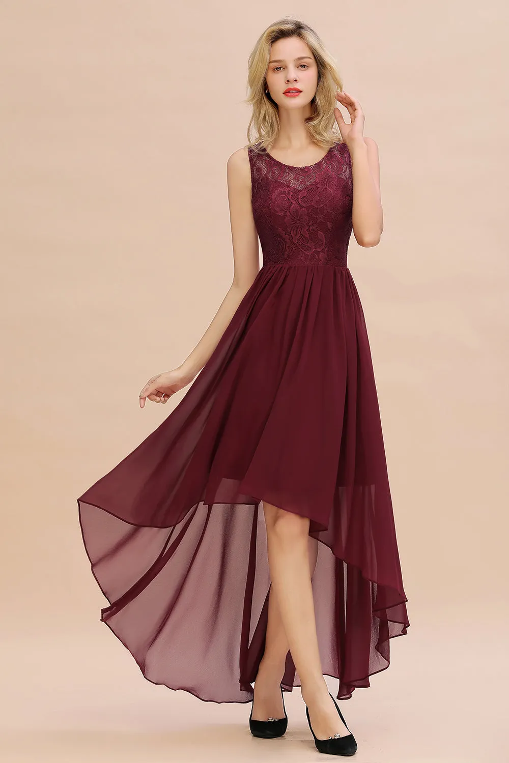 Vintage High Low A-line Bateau Appliques Chiffon Bridesmaid Dresses