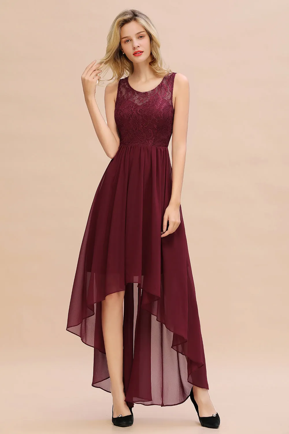 Vintage High Low A-line Bateau Appliques Chiffon Bridesmaid Dresses