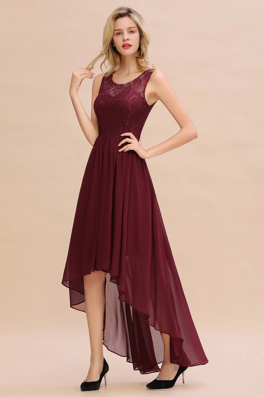 Vintage High Low A-line Bateau Appliques Chiffon Bridesmaid Dresses