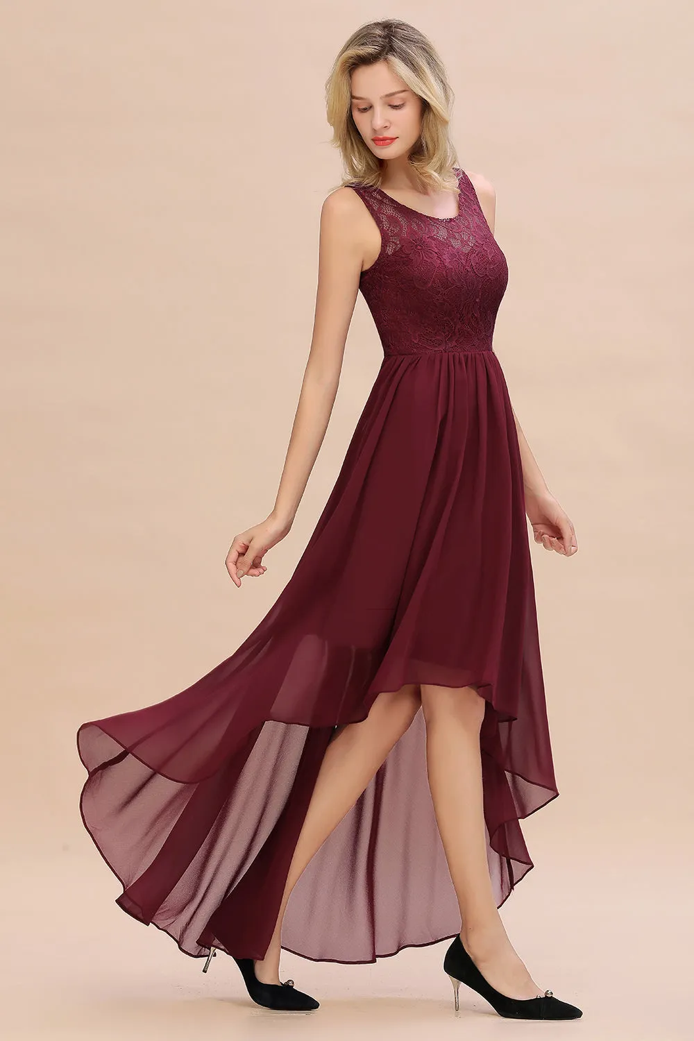 Vintage High Low A-line Bateau Appliques Chiffon Bridesmaid Dresses