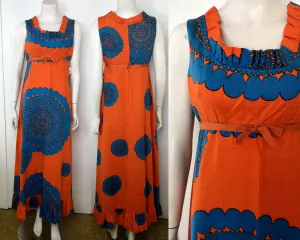 VTG 60s Mod Cotton Barkcloth Hawaiian Orange Op Art Psychadelic Maxi Dress M