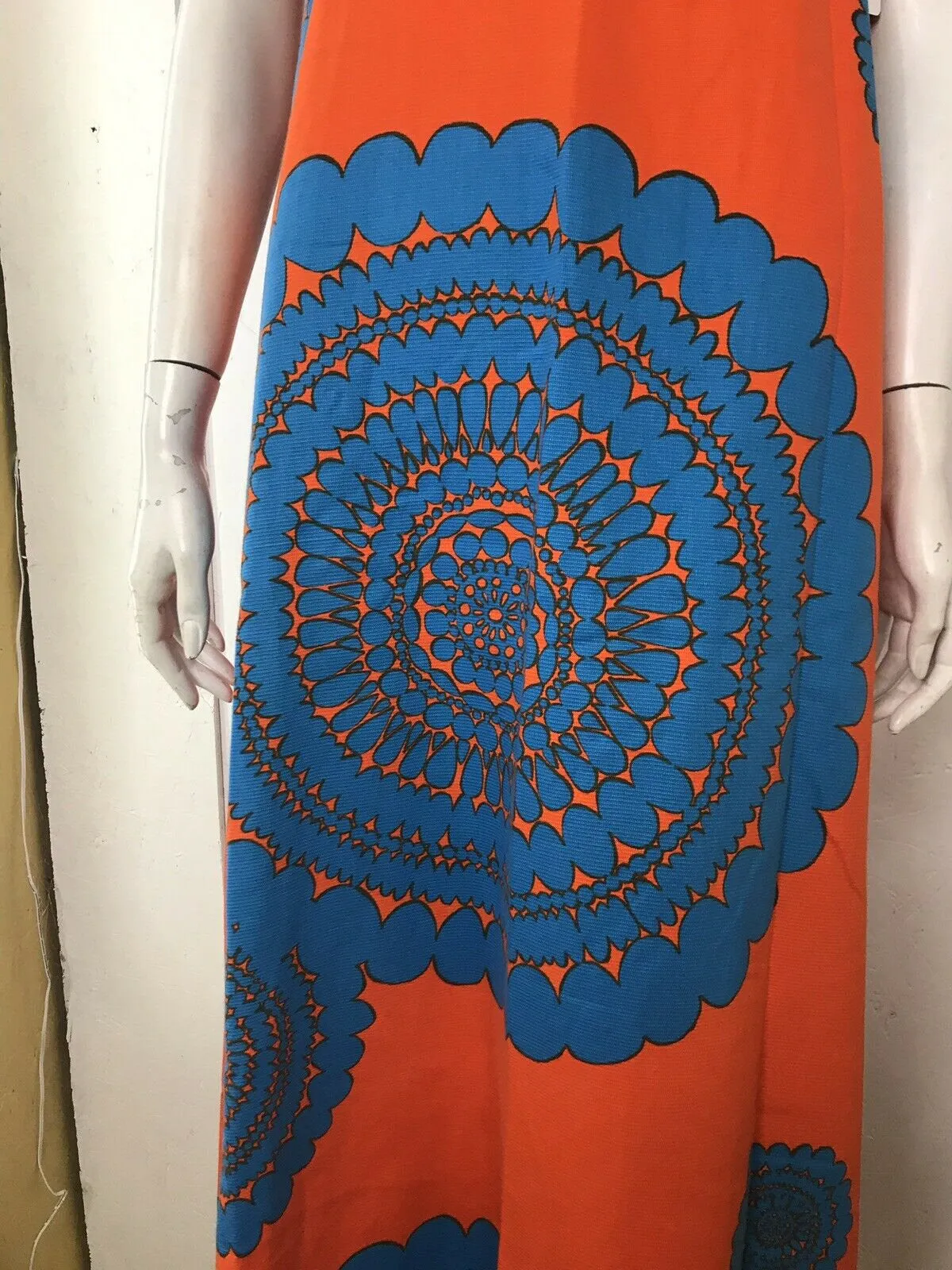 VTG 60s Mod Cotton Barkcloth Hawaiian Orange Op Art Psychadelic Maxi Dress M