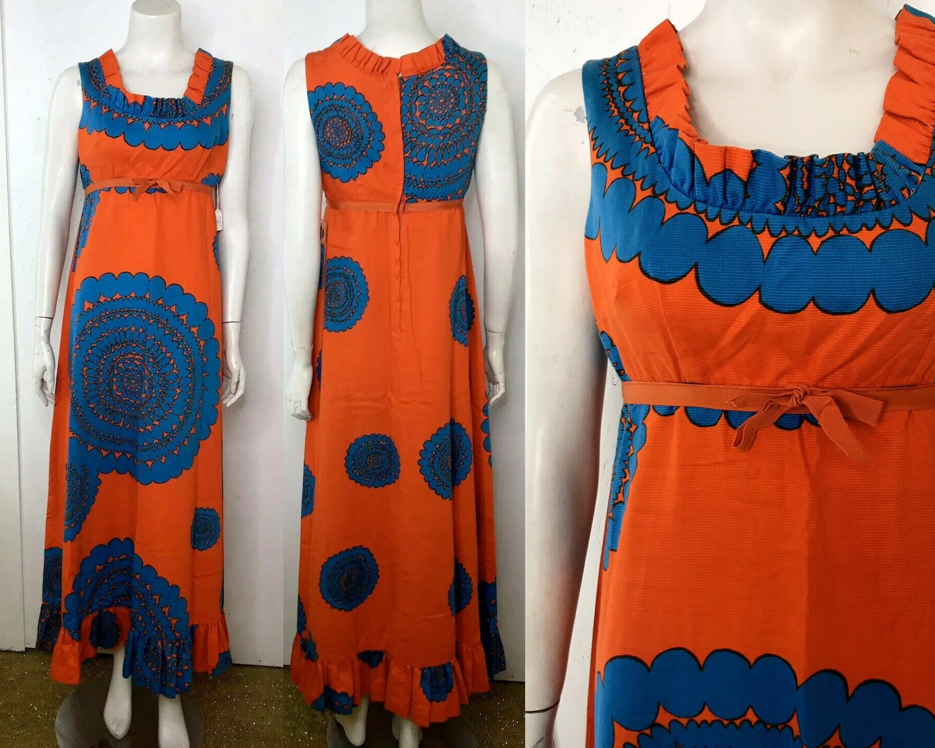 VTG 60s Mod Cotton Barkcloth Hawaiian Orange Op Art Psychadelic Maxi Dress M