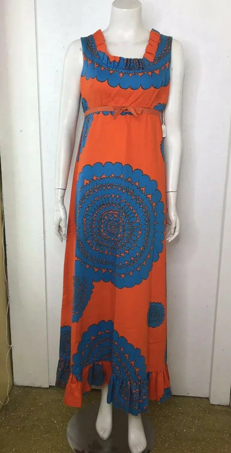 VTG 60s Mod Cotton Barkcloth Hawaiian Orange Op Art Psychadelic Maxi Dress M