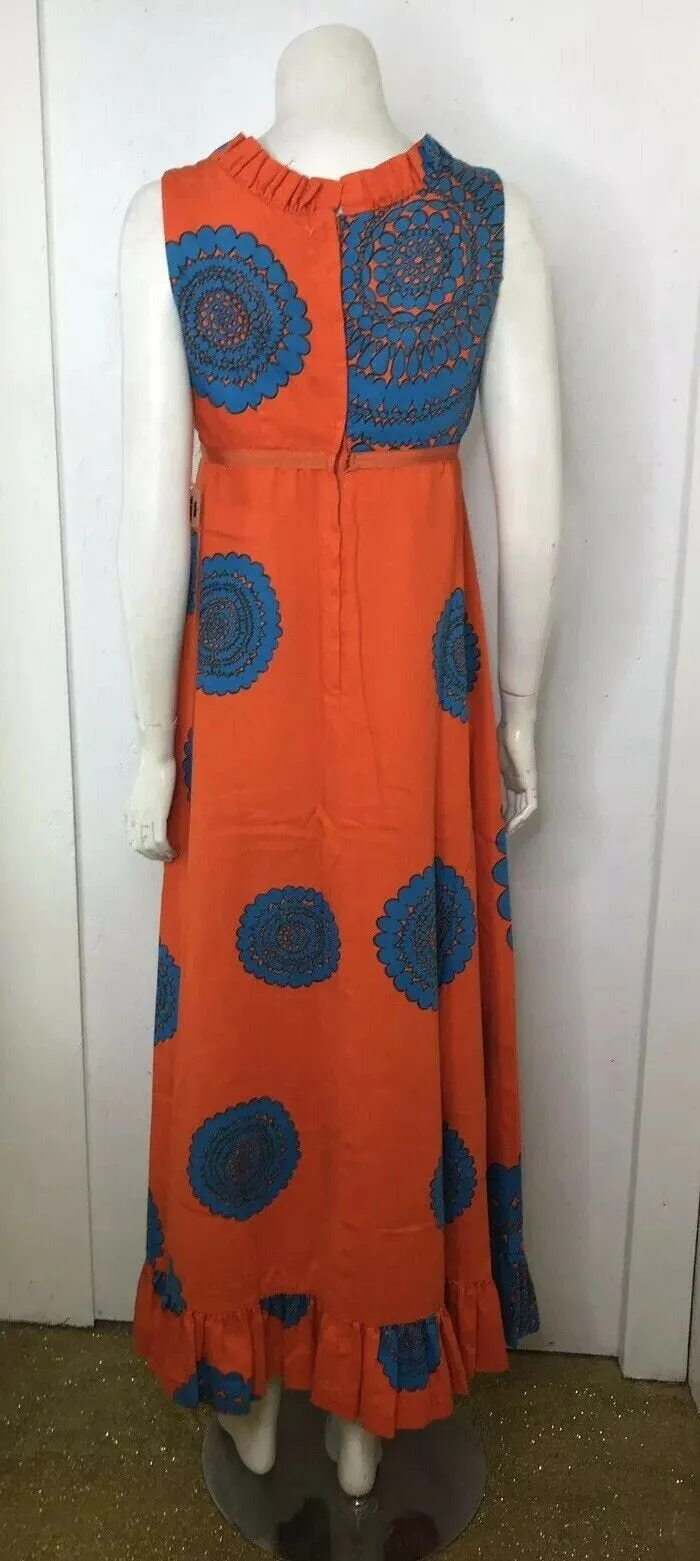 VTG 60s Mod Cotton Barkcloth Hawaiian Orange Op Art Psychadelic Maxi Dress M
