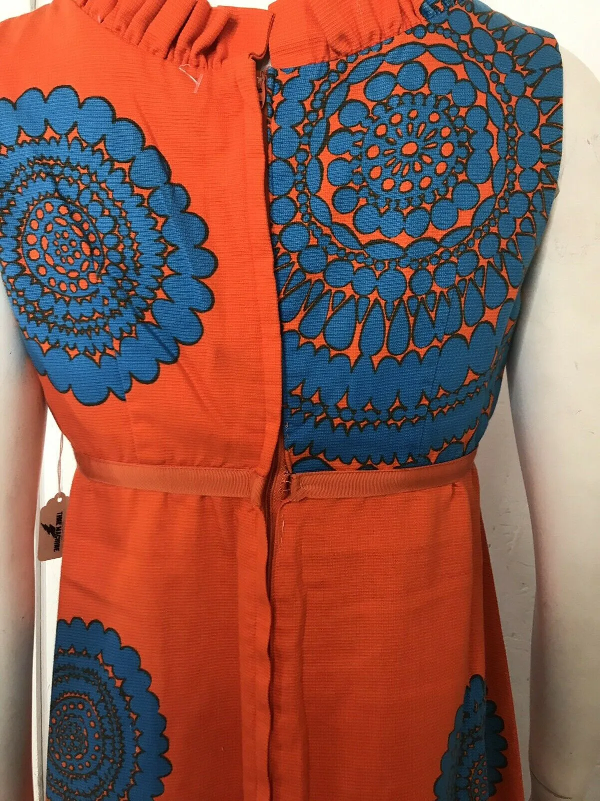VTG 60s Mod Cotton Barkcloth Hawaiian Orange Op Art Psychadelic Maxi Dress M