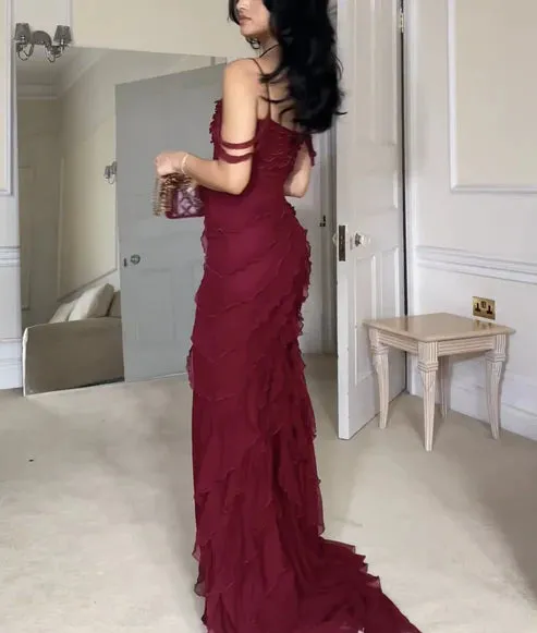 Wine Red Off Shoulder Straps Multi-layered Ruffles Long Prom Dress, MD7894
