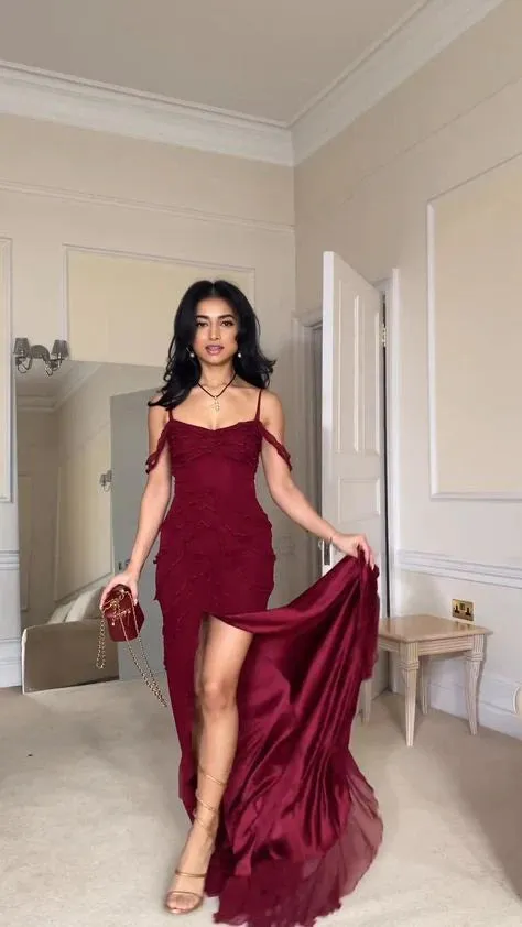 Wine Red Off Shoulder Straps Multi-layered Ruffles Long Prom Dress, MD7894