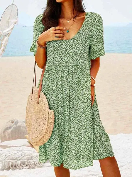 Women Floral Printed Short Sleeve Vintage Boho Weaving Tunic Dress QAH25