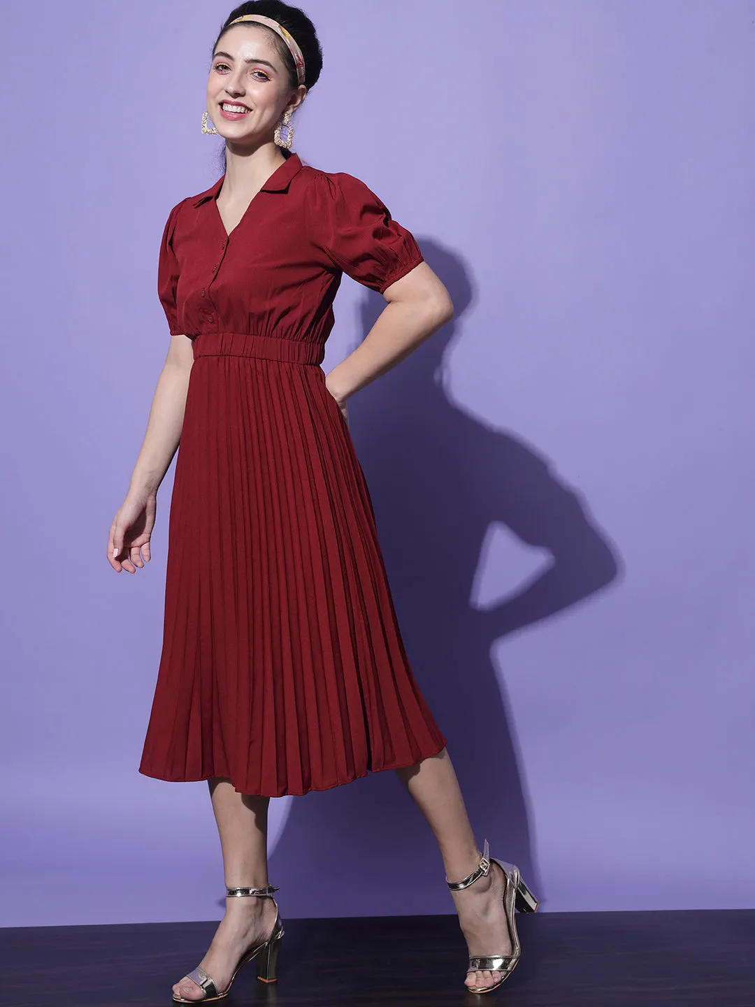Women Maroon Crepe Midi Dress