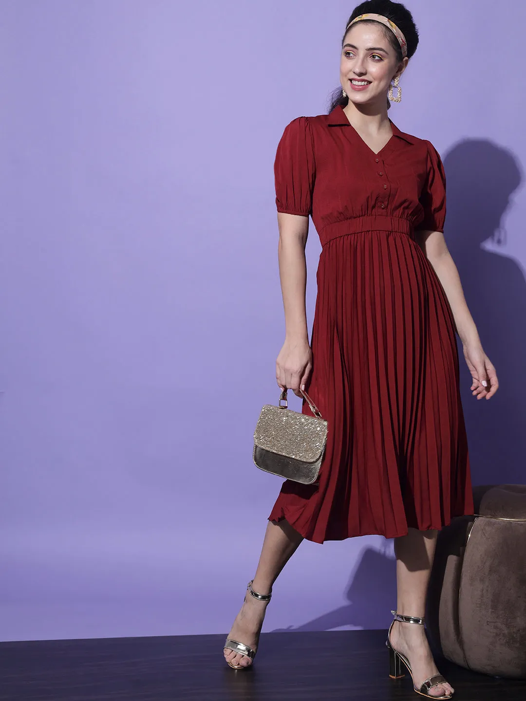 Women Maroon Crepe Midi Dress