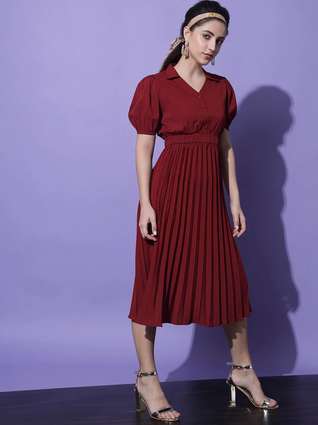Women Maroon Crepe Midi Dress