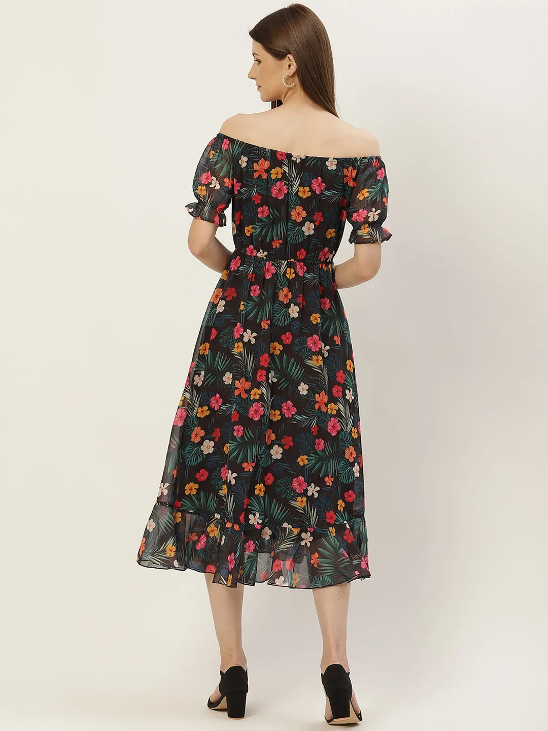 Women Multicoloured Floral Off-Shoulder Georgette A-Line Midi Dress