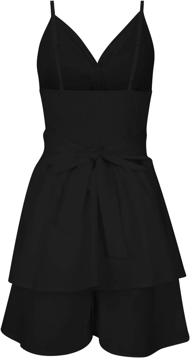Women's 2025 Summer Short Dress Sexy V Neck Spaghetti Straps Backless Bow Tie Ruffle Hem A Line Mini Dresses