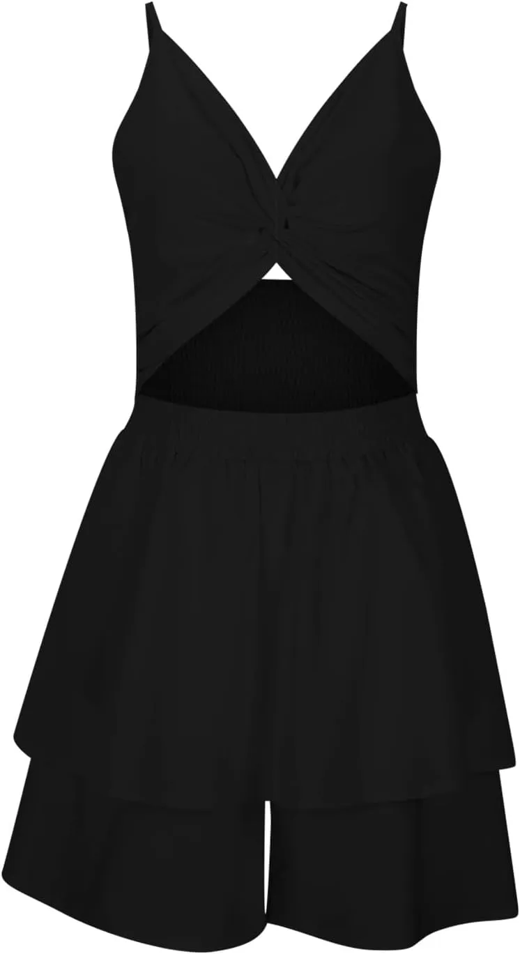 Women's 2025 Summer Short Dress Sexy V Neck Spaghetti Straps Backless Bow Tie Ruffle Hem A Line Mini Dresses