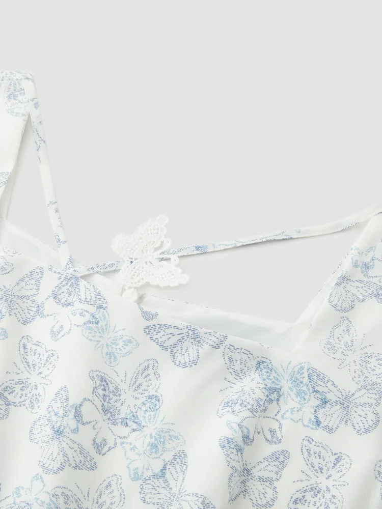 Women's Floral Butterfly Print Fitted Woven Dress